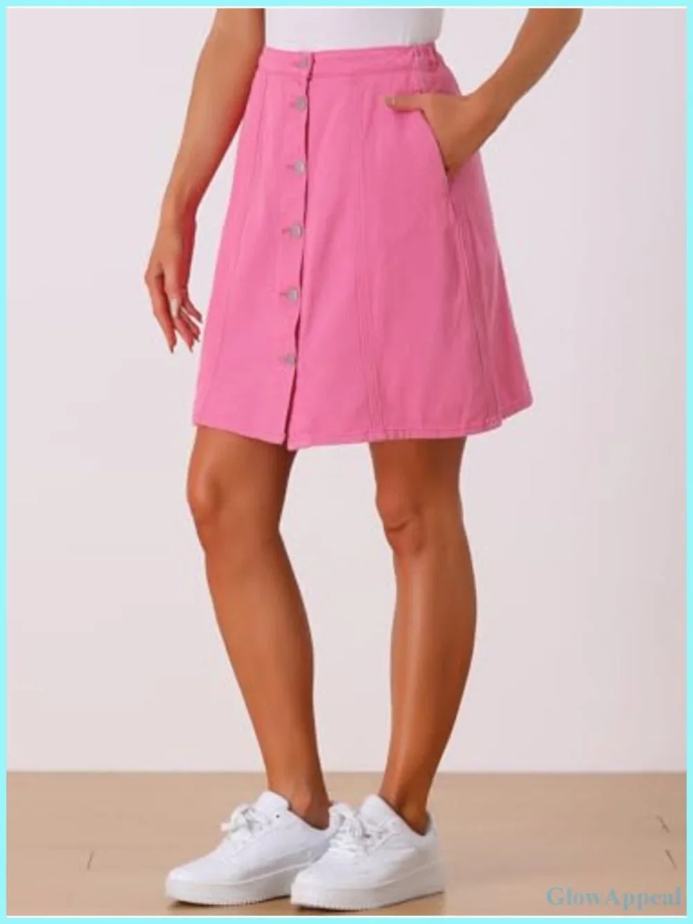High Waist A-Line Denim Skirt with Button Front, Knee Length Casual Cotton